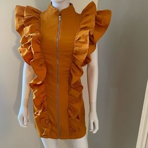 Front zip cotton ruffle sleeve dress